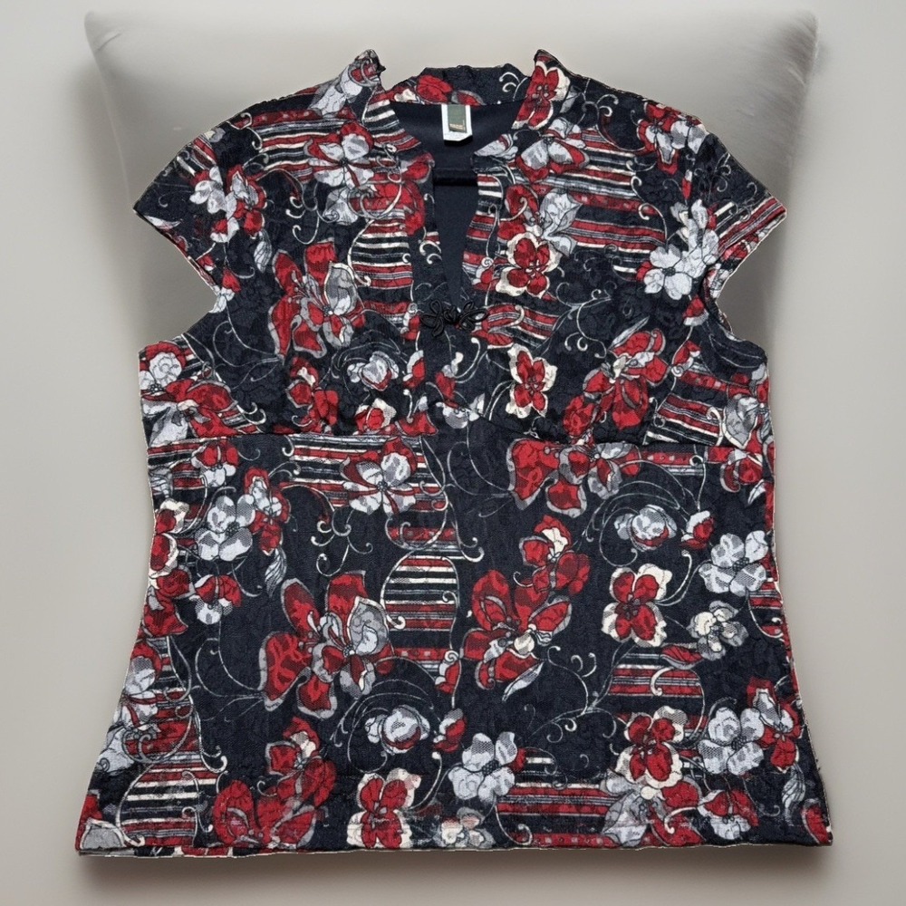 Y2K Lace V Neck Women's Size XL Serenade Red Black Floral Stretch 2000s Femme